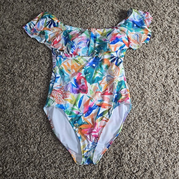 Ralph Lauren Vibrant Colorful Ruffle Floral On Piece Women's Swimsuit Sz 6 - Picture 1 of 7